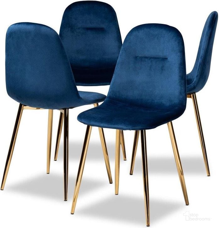 The appearance of Elyse Glam and Luxe Navy Blue Velvet Fabric Upholstered Gold Finished 4-Piece Metal Dining Chair Set designed by Baxton Studio in the glam interior design. This gold piece of furniture  was selected by 1StopBedrooms from Elyse Collection to add a touch of cosiness and style into your home. Sku: DC150-Navy Blue Velvet/Gold-DC. Material: Polyester. Product Type: Dining Chair. Image1