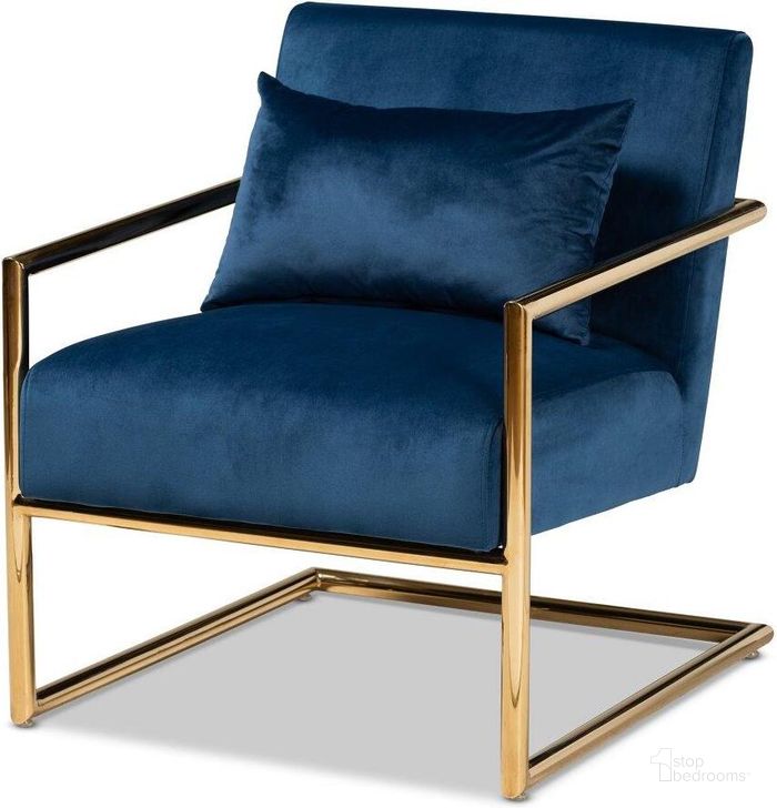 The appearance of Mira Glam and Luxe Navy Blue Velvet Fabric Upholstered Gold Finished Metal Lounge Chair designed by Baxton Studio in the glam interior design. This gold piece of furniture  was selected by 1StopBedrooms from Mira Collection to add a touch of cosiness and style into your home. Sku: TSF-60458-Navy Velvet/Gold-CC. Material: Polyester. Product Type: Lounge Chair. Image1