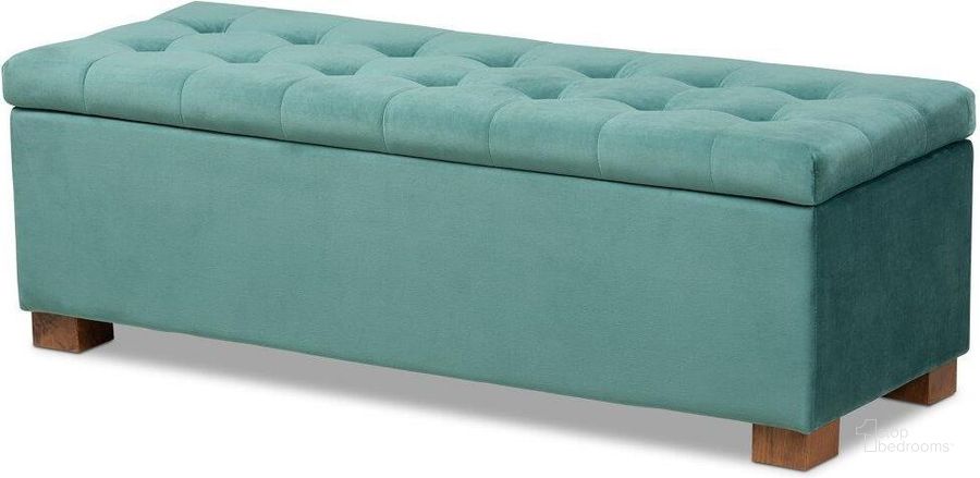The appearance of Roanoke Modern and Contemporary Teal Blue Velvet Fabric Upholstered Grid-Tufted Storage Ottoman Bench designed by Baxton Studio in the modern / contemporary interior design. This teal blue piece of furniture  was selected by 1StopBedrooms from Roanoke Collection to add a touch of cosiness and style into your home. Sku: BBT3101-Teal Velvet/Walnut-Otto. Material: Polyester. Product Type: Ottoman. Image1