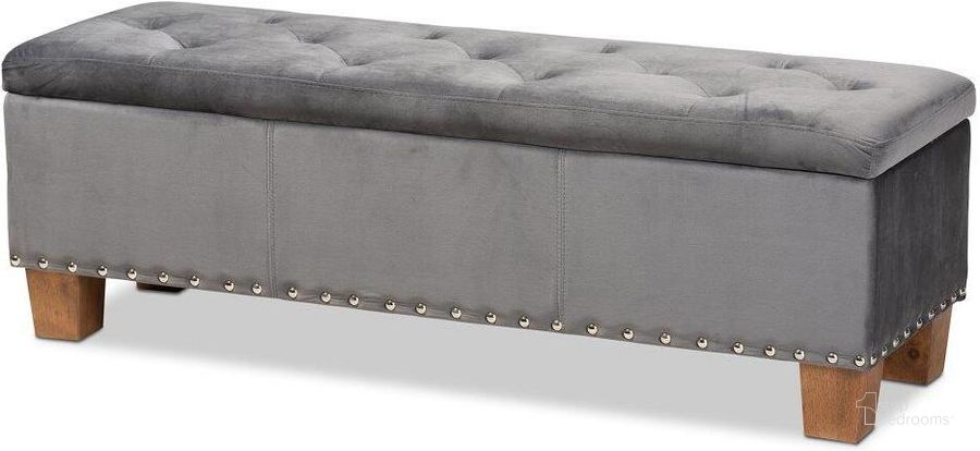 The appearance of Hannah Modern and Contemporary Grey Velvet Fabric Upholstered Button-Tufted Storage Ottoman Bench designed by Baxton Studio in the modern / contemporary interior design. This brown piece of furniture  was selected by 1StopBedrooms from Hannah Collection to add a touch of cosiness and style into your home. Sku: BBT3136-Grey Velvet/Walnut-Otto. Material: Polyester. Product Type: Ottoman. Image1