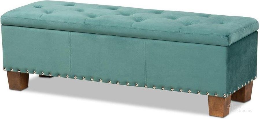The appearance of Hannah Modern and Contemporary Teal Blue Velvet Fabric Upholstered Button-Tufted Storage Ottoman Bench designed by Baxton Studio in the modern / contemporary interior design. This brown piece of furniture  was selected by 1StopBedrooms from Hannah Collection to add a touch of cosiness and style into your home. Sku: BBT3136-Teal Velvet/Walnut-Otto. Material: Polyester. Product Type: Ottoman. Image1