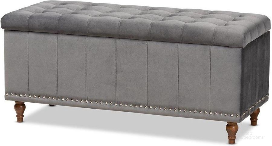 The appearance of Kaylee Modern and Contemporary Grey Velvet Fabric Upholstered Button-Tufted Storage Ottoman Bench designed by Baxton Studio in the modern / contemporary interior design. This brown piece of furniture  was selected by 1StopBedrooms from Kaylee Collection to add a touch of cosiness and style into your home. Sku: BBT3137-Grey Velvet/Walnut-Otto. Material: Polyester. Product Type: Ottoman. Image1