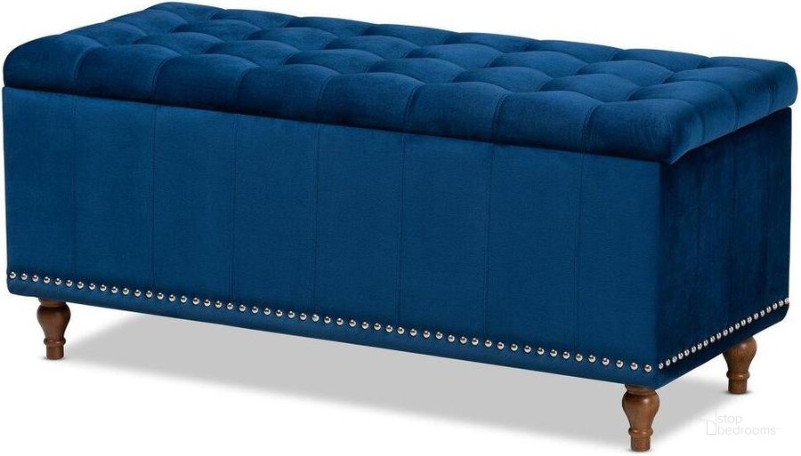 The appearance of Kaylee Modern and Contemporary Navy Blue Velvet Fabric Upholstered Button-Tufted Storage Ottoman Bench designed by Baxton Studio in the modern / contemporary interior design. This brown piece of furniture  was selected by 1StopBedrooms from Kaylee Collection to add a touch of cosiness and style into your home. Sku: BBT3137-Navy Velvet/Walnut-Otto. Material: Polyester. Product Type: Ottoman. Image1
