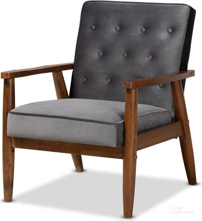 The appearance of Sorrento Mid-century Modern Grey Velvet Fabric Upholstered Walnut Finished Wooden Lounge Chair designed by Baxton Studio in the transitional interior design. This brown piece of furniture  was selected by 1StopBedrooms from Sorrento Collection to add a touch of cosiness and style into your home. Sku: BBT8013-Grey Velvet/Walnut-CC. Material: Polyester. Product Type: Lounge Chair. Image1