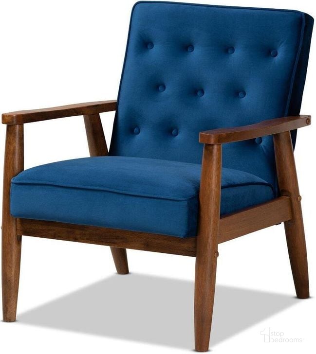 The appearance of Sorrento Mid-century Modern Navy Blue Velvet Fabric Upholstered Walnut Finished Wooden Lounge Chair designed by Baxton Studio in the transitional interior design. This blue piece of furniture  was selected by 1StopBedrooms from Sorrento Collection to add a touch of cosiness and style into your home. Sku: BBT8013-Navy Velvet/Walnut-CC. Material: Polyester. Product Type: Lounge Chair. Image1