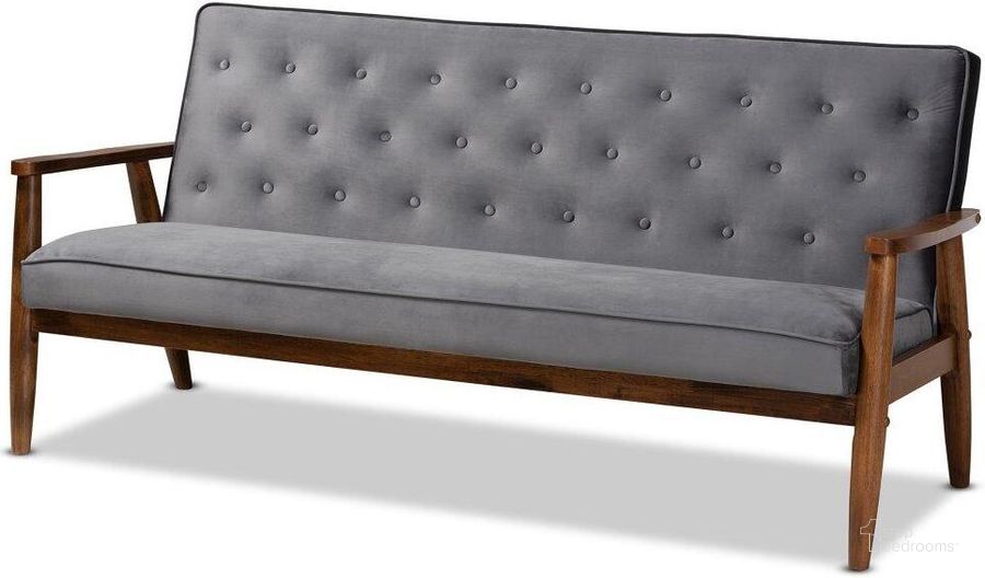 The appearance of Sorrento Mid-century Modern Grey Velvet Fabric Upholstered Walnut Finished Wooden 3-seater Sofa designed by Baxton Studio in the transitional interior design. This brown piece of furniture  was selected by 1StopBedrooms from Sorrento Collection to add a touch of cosiness and style into your home. Sku: BBT8013-Grey Velvet/Walnut-SF. Material: Polyester. Product Type: Sofa. Image1