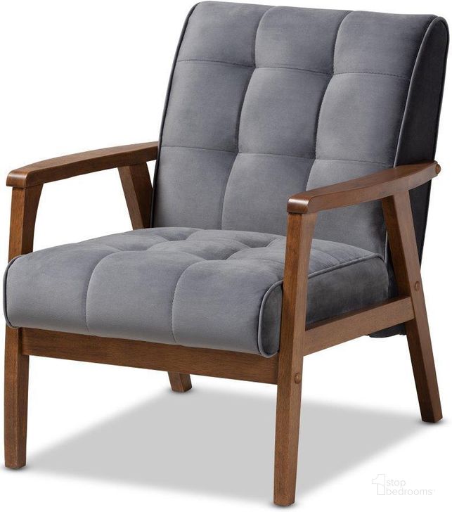 The appearance of Asta Mid-Century Modern Grey Velvet Fabric Upholstered Walnut Finished Wood Armchair designed by Baxton Studio in the transitional interior design. This walnut piece of furniture  was selected by 1StopBedrooms from Asta Collection to add a touch of cosiness and style into your home. Sku: TOGO-Grey Velvet/Walnut-CC. Material: Polyester. Product Type: Arm Chair. Image1