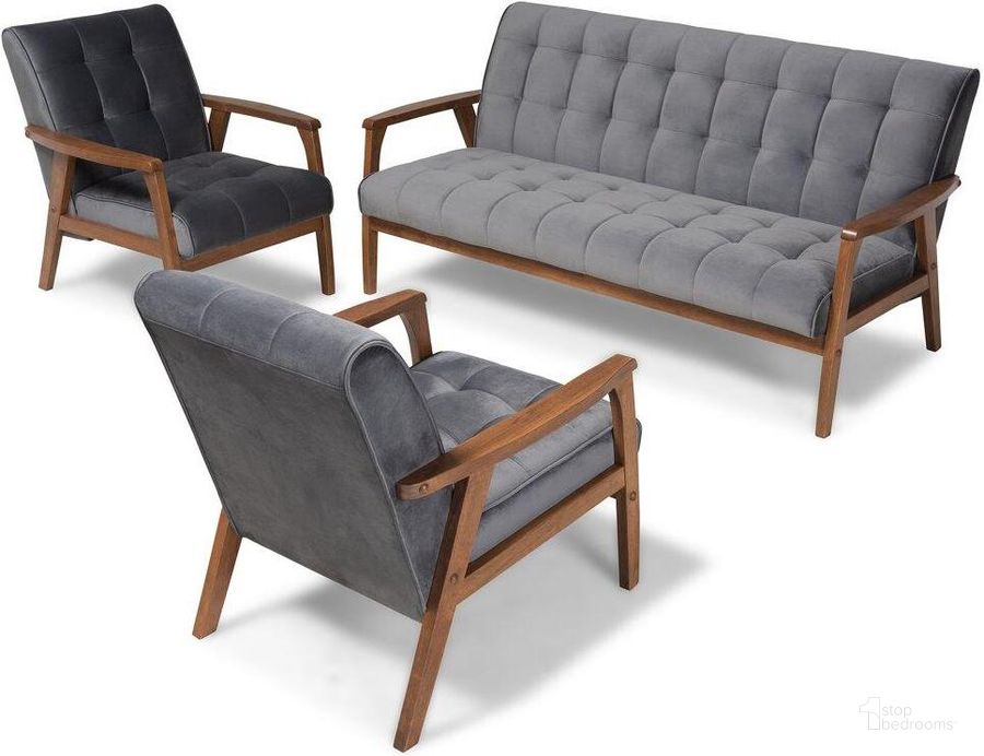 The appearance of Asta Mid-Century Modern Grey Velvet Fabric Upholstered Walnut Finished Wood 3-Piece Living Room Set designed by Baxton Studio in the transitional interior design. This walnut piece of furniture  was selected by 1StopBedrooms from Asta Collection to add a touch of cosiness and style into your home. Sku: TOGO-Grey Velvet/Walnut-3PC SF Set. Material: Polyester. Product Type: Living Room Set. Image1
