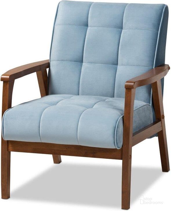 The appearance of Asta Mid-Century Modern Light Blue Velvet Fabric Upholstered Walnut Finished Wood Armchair designed by Baxton Studio in the transitional interior design. This walnut piece of furniture  was selected by 1StopBedrooms from Asta Collection to add a touch of cosiness and style into your home. Sku: TOGO-Light Blue Velvet/Walnut-CC. Material: Polyester. Product Type: Arm Chair. Image1