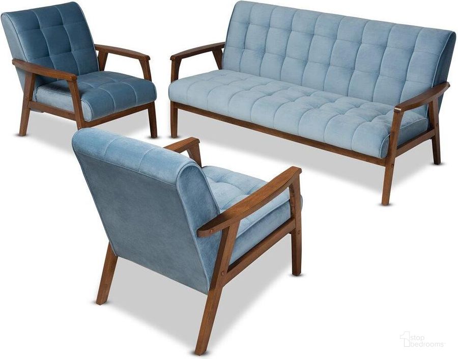 The appearance of Asta Mid-Century Modern Light Blue Velvet Fabric Upholstered Walnut Finished Wood 3-Piece Living Room Set designed by Baxton Studio in the transitional interior design. This walnut piece of furniture  was selected by 1StopBedrooms from Asta Collection to add a touch of cosiness and style into your home. Sku: TOGO-Light Blue Velvet/Walnut-3PC SF Set. Material: Polyester. Product Type: Living Room Set. Image1
