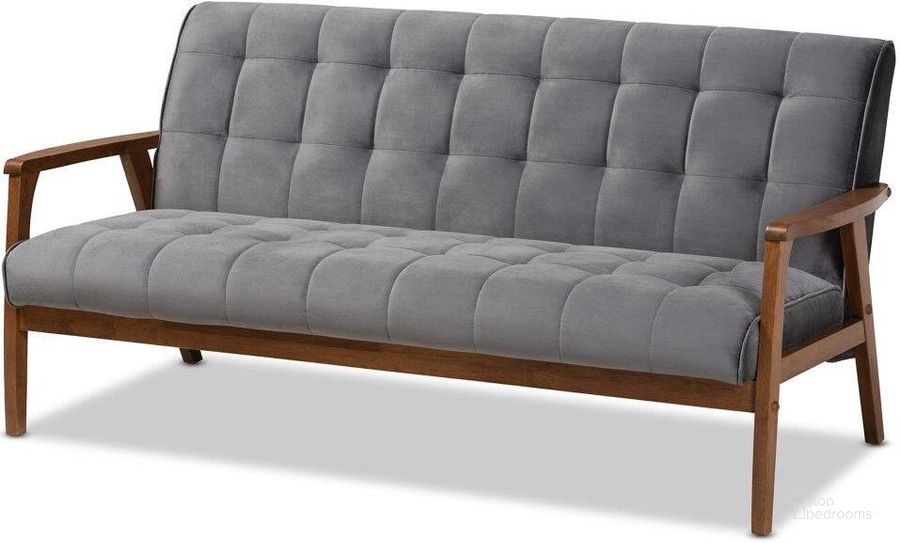 The appearance of Asta Mid-Century Modern Grey Velvet Fabric Upholstered Walnut Finished Wood Sofa designed by Baxton Studio in the transitional interior design. This walnut piece of furniture  was selected by 1StopBedrooms from Asta Collection to add a touch of cosiness and style into your home. Sku: TOGO-Grey Velvet/Walnut-SF. Material: Polyester. Product Type: Sofa. Image1