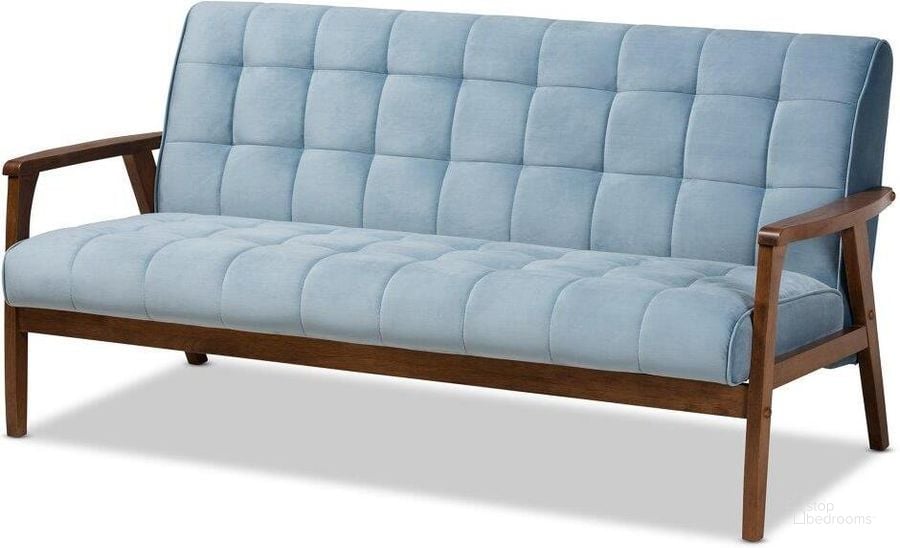 The appearance of Asta Mid-Century Modern Light Blue Velvet Fabric Upholstered Walnut Finished Wood Sofa designed by Baxton Studio in the transitional interior design. This walnut piece of furniture  was selected by 1StopBedrooms from Asta Collection to add a touch of cosiness and style into your home. Sku: TOGO-Light Blue Velvet/Walnut-SF. Material: Polyester. Product Type: Sofa. Image1