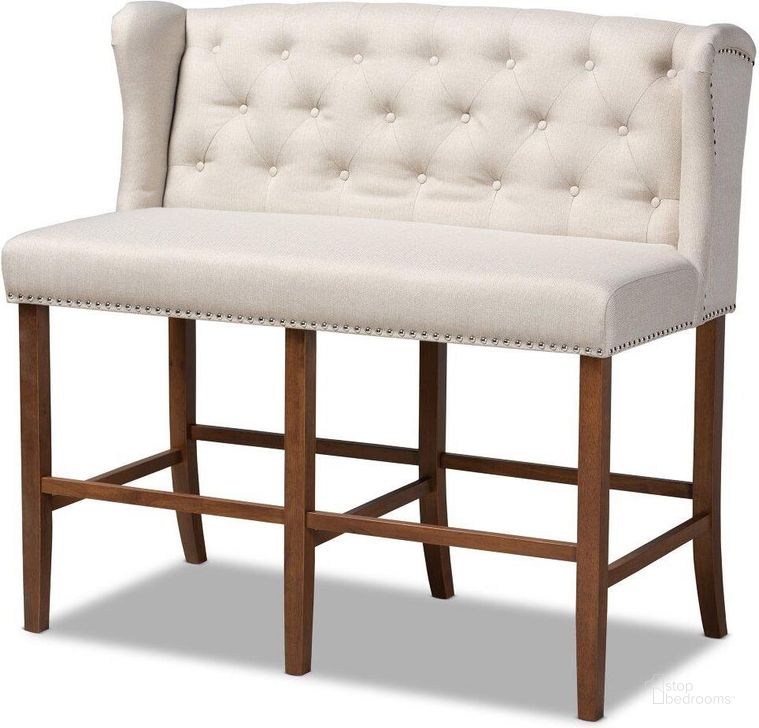 The appearance of Alira Modern and Contemporary Beige Fabric Upholstered Walnut Finished Wood Button Tufted Bar Stool Bench designed by Baxton Studio in the modern / contemporary interior design. This brown piece of furniture  was selected by 1StopBedrooms from Alira Collection to add a touch of cosiness and style into your home. Sku: BBT5349-Beige/Walnut-Bench. Material: Polyester. Product Type: Barstool. Image1