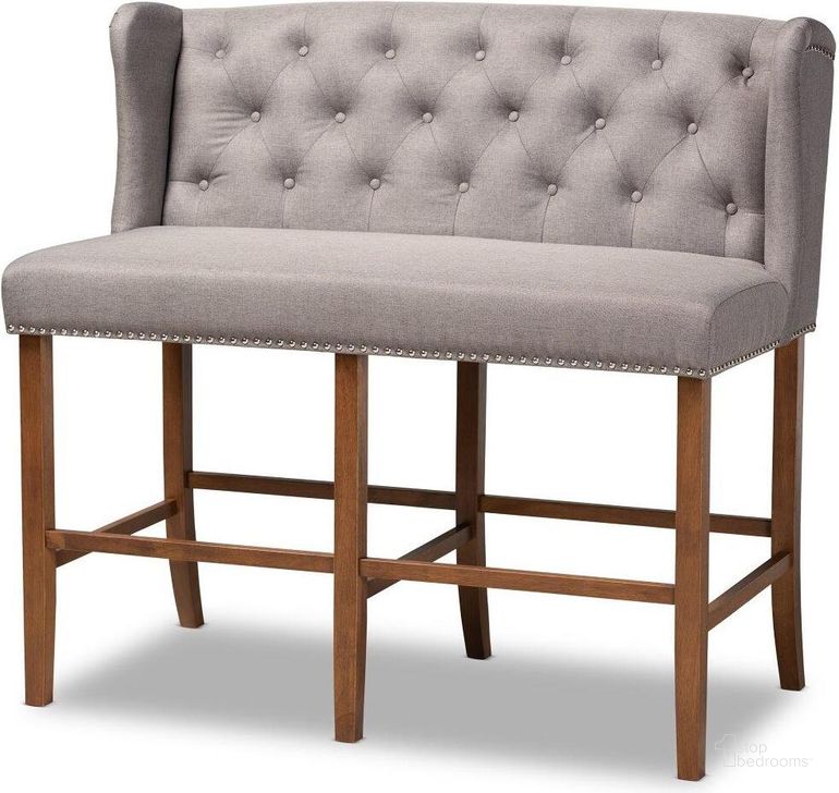 The appearance of Alira Modern and Contemporary Grey Fabric Upholstered Walnut Finished Wood Button Tufted Bar Stool Bench designed by Baxton Studio in the modern / contemporary interior design. This brown piece of furniture  was selected by 1StopBedrooms from Alira Collection to add a touch of cosiness and style into your home. Sku: BBT5349-Grey/Walnut-Bench. Material: Polyester. Product Type: Barstool. Image1