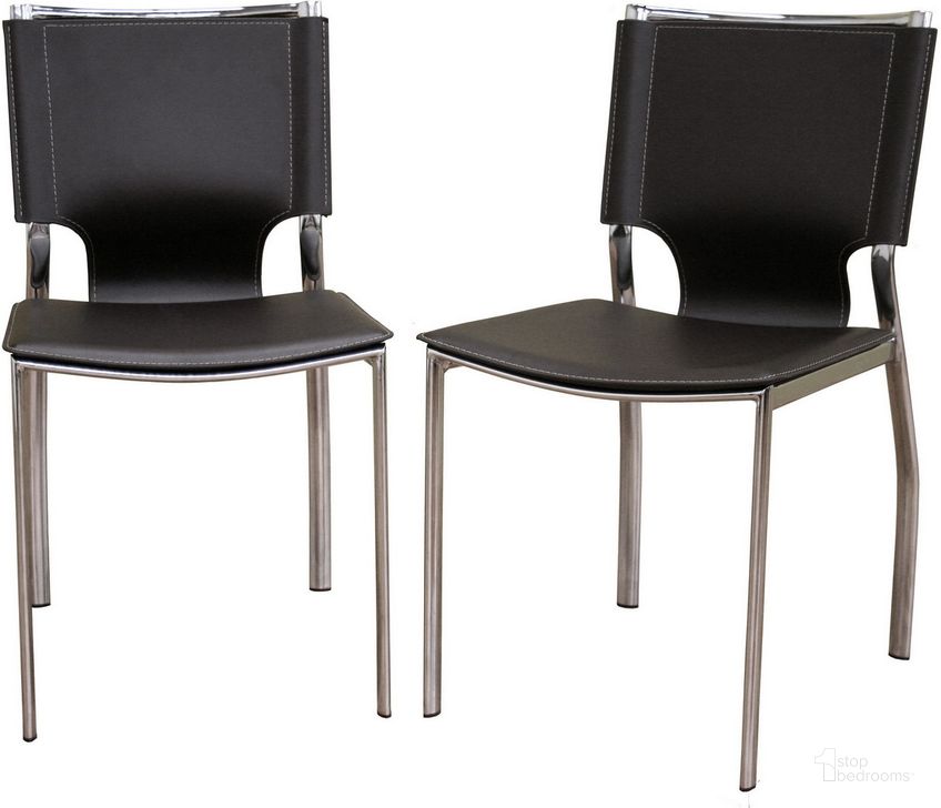The appearance of Baxton Studio Dark Brown Leather Dining Chair With Chrome Frame (Set Of 2) designed by Baxton Studio in the modern / contemporary interior design. This brown piece of furniture  was selected by 1StopBedrooms from Dark Collection to add a touch of cosiness and style into your home. Sku: ALC-1083-Brown. Material: Steel. Product Type: Dining Chair. Image1