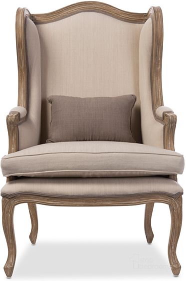 The appearance of Baxton Studio Oreille French Provincial Style White Wash Distressed Two-Tone Beige Upholstered Armchair designed by Baxton Studio in the transitional interior design. This beige piece of furniture  was selected by 1StopBedrooms from Oreille Collection to add a touch of cosiness and style into your home. Sku: ASS561Mi-CG4. Material: Wood. Product Type: Living Room Chair. Image1
