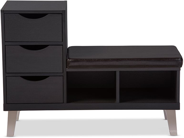 The appearance of Baxton Studio Arielle Modern And Contemporary Dark Brown Wood 3-Drawer Shoe Storage Padded Leatherette Seating Bench With Two Open Shelves designed by Baxton Studio in the modern / contemporary interior design. This dark brown piece of furniture  was selected by 1StopBedrooms from Arielle Collection to add a touch of cosiness and style into your home. Sku: B-001-Espresso. Material: Wood. Product Type: Entryway Furniture. Image1