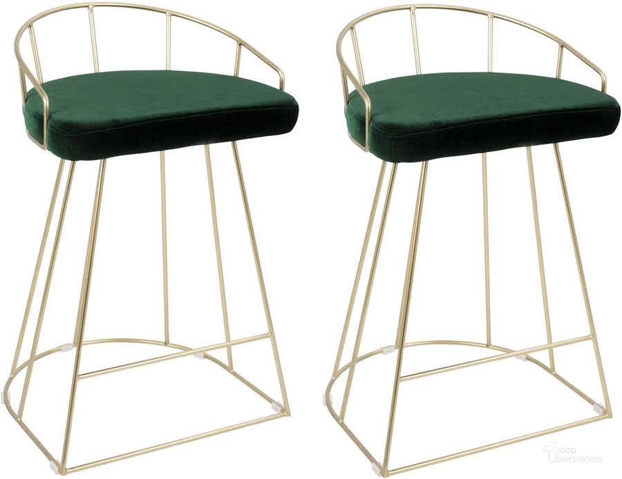 The appearance of Canary Counter Stool Set of 2 in Gold with Green Velvet designed by Lumisource in the modern / contemporary interior design. This green piece of furniture  was selected by 1StopBedrooms from Canary Collection to add a touch of cosiness and style into your home. Sku: B26-CNRY AU+GN2. Material: Metal. Product Type: Barstool. Image1