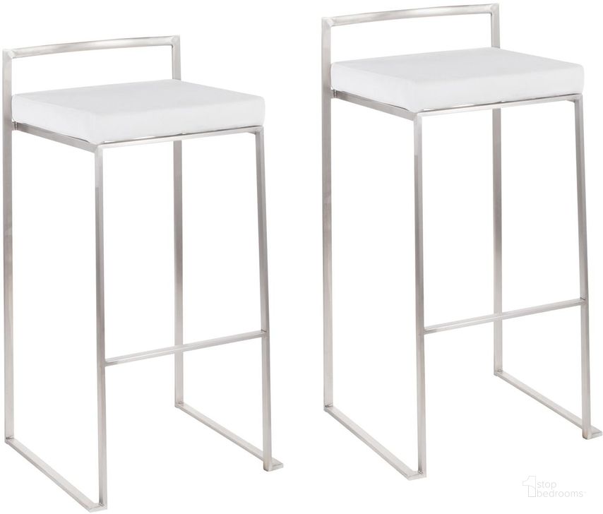 The appearance of Fuji White Stacker Barstool Set Of 2 designed by Lumisource in the modern / contemporary interior design. This white piece of furniture  was selected by 1StopBedrooms from Fuji Collection to add a touch of cosiness and style into your home. Sku: B30-FUJI VW2. Product Type: Barstool. Material: Velvet. Image1