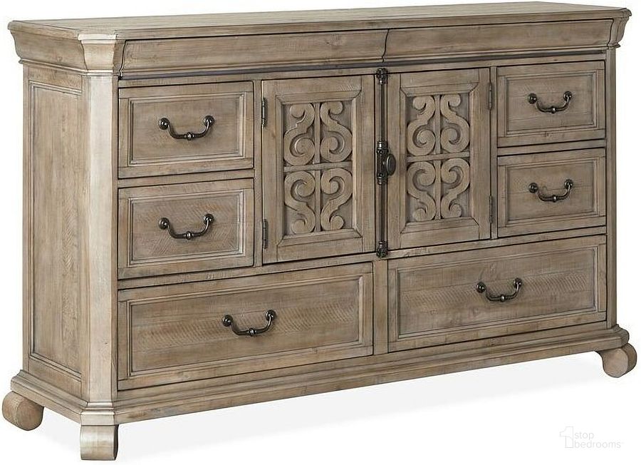 The appearance of Tinley Park Dove Tail Grey Drawer Dresser designed by Magnussen in the traditional interior design. This brown piece of furniture  was selected by 1StopBedrooms from Tinley Park Collection to add a touch of cosiness and style into your home. Sku: B4646-20. Product Type: Dresser. Material: Pine. Image1