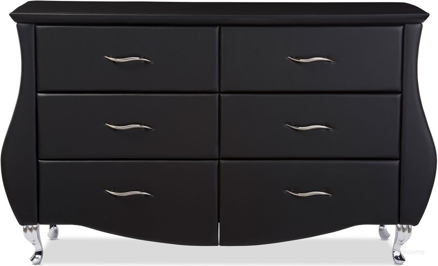 The appearance of Baxton Studio Enzo Modern And Contemporary Black Faux Leather 6-Drawer Dresser designed by Baxton Studio in the modern / contemporary interior design. This black piece of furniture  was selected by 1StopBedrooms from Enzo Collection to add a touch of cosiness and style into your home. Sku: BBT2039-Black-Dresser. Product Type: Dresser. Material: MDF. Image1