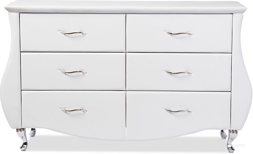 The appearance of Baxton Studio Enzo Modern And Contemporary White Faux Leather 6-Drawer Dresser designed by Baxton Studio in the modern / contemporary interior design. This white piece of furniture  was selected by 1StopBedrooms from Enzo Collection to add a touch of cosiness and style into your home. Sku: BBT2039-White-Dresser. Product Type: Dresser. Material: MDF. Image1