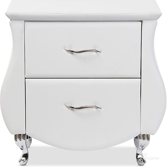The appearance of Baxton Studio Erin Modern And Contemporary White Faux Leather Upholstered Nightstand designed by Baxton Studio in the modern / contemporary interior design. This white piece of furniture  was selected by 1StopBedrooms from Erin Collection to add a touch of cosiness and style into your home. Sku: BBT3116-White-NS. Product Type: Nightstand. Material: Plywood. Image1