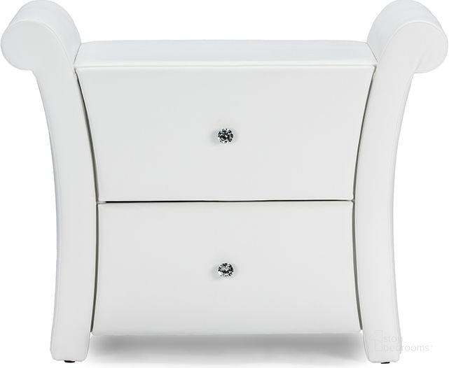 The appearance of Baxton Studio Victoria Matte White Pu Leather 2 Storage Drawers Nightstand Bedside Table designed by Baxton Studio in the modern / contemporary interior design. This white piece of furniture  was selected by 1StopBedrooms from Victoria Collection to add a touch of cosiness and style into your home. Sku: BBT3111A1-White-NS. Material: Wood. Product Type: Nightstand. Image1