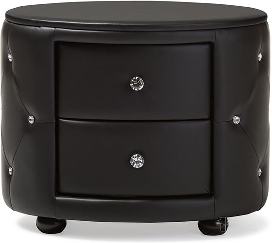 The appearance of Baxton Studio Davina Hollywood Glamour Style Oval 2-Drawer Black Faux Leather Upholstered Nightstand designed by Baxton Studio in the glam interior design. This black piece of furniture  was selected by 1StopBedrooms from Davina Collection to add a touch of cosiness and style into your home. Sku: BBT3119-Black NS. Product Type: Nightstand. Material: MDF. Image1