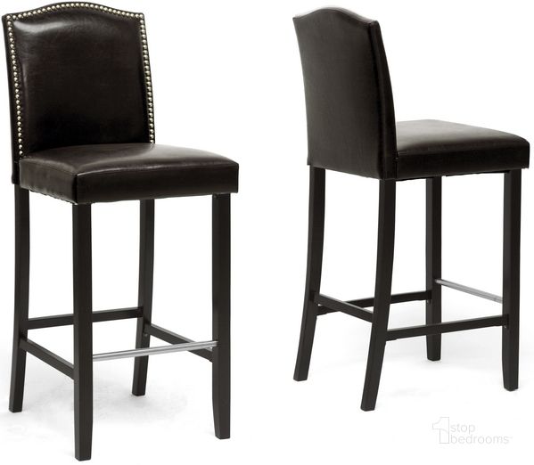 The appearance of Baxton Studio Libra Dark Brown Modern Bar Stool With Nail Head Trim (Set Of 2) designed by Baxton Studio in the transitional interior design. This brown piece of furniture  was selected by 1StopBedrooms from Libra Collection to add a touch of cosiness and style into your home. Sku: BBT5111 Bar Stool-Brown. Material: Wood. Product Type: Barstool. Image1