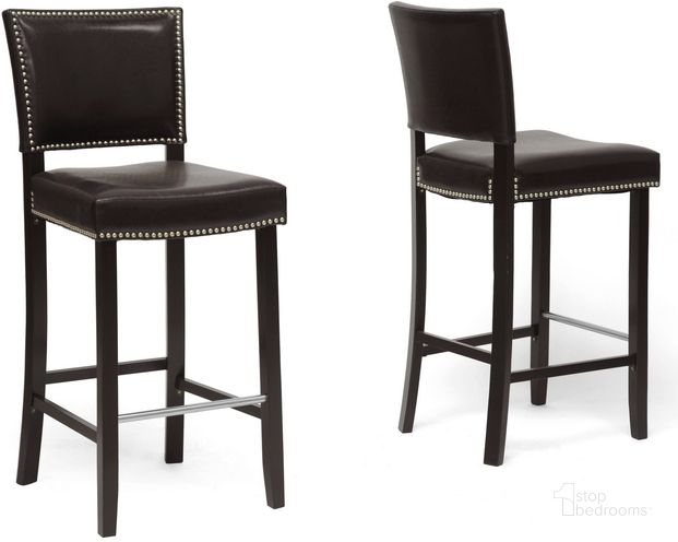 The appearance of Baxton Studio Aries Dark Brown Modern Bar Stool With Nail Head Trim (Set Of 2) designed by Baxton Studio in the transitional interior design. This brown piece of furniture  was selected by 1StopBedrooms from Aries Collection to add a touch of cosiness and style into your home. Sku: BBT5112 Bar Stool-Brown. Material: Wood. Product Type: Barstool. Image1
