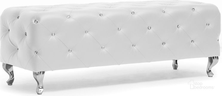 The appearance of Baxton Studio Stella Crystal Tufted White Leather Modern Bench designed by Baxton Studio in the modern / contemporary interior design. This white piece of furniture  was selected by 1StopBedrooms from Stella Collection to add a touch of cosiness and style into your home. Sku: BBT5119-White-Bench. Product Type: Bedroom Bench. Material: Rubberwood. Image1