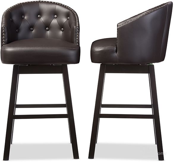 The appearance of Baxton Studio Avril Modern And Contemporary Brown Faux Leather Tufted Swivel Barstool With Nail Heads Trim (Set Of 2) designed by Baxton Studio in the modern / contemporary interior design. This brown piece of furniture  was selected by 1StopBedrooms from Avril Collection to add a touch of cosiness and style into your home. Sku: BBT5210A1-BS-Brown. Product Type: Barstool. Material: Rubberwood. Image1