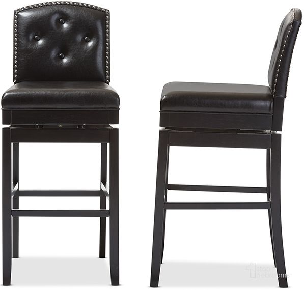The appearance of Baxton Studio Ginaro Modern And Contemporary Dark Brown Faux Leather Button-Tufted Upholstered Swivel Bar Stool (Set Of 2) designed by Baxton Studio in the modern / contemporary interior design. This dark brown piece of furniture  was selected by 1StopBedrooms from Ginaro Collection to add a touch of cosiness and style into your home. Sku: BBT5220-Brown Stool. Material: MDF. Product Type: Barstool. Image1
