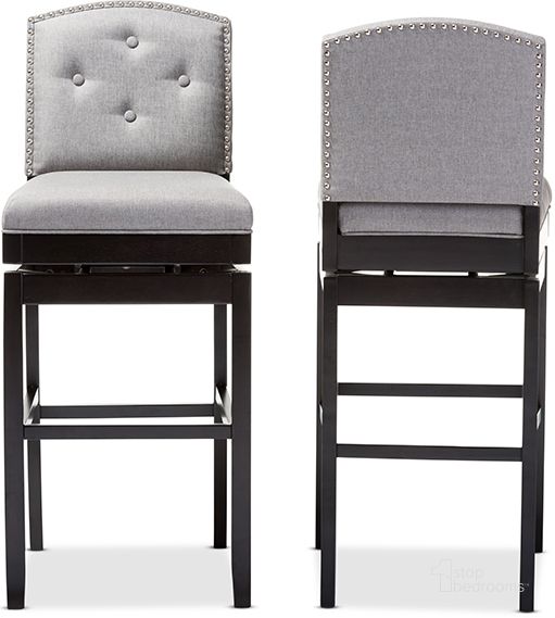 The appearance of Baxton Studio Ginaro Modern And Contemporary Grey Fabric Button-Tufted Upholstered Swivel Bar Stool (Set Of 2) designed by Baxton Studio in the modern / contemporary interior design. This grey piece of furniture  was selected by 1StopBedrooms from Ginaro Collection to add a touch of cosiness and style into your home. Sku: BBT5220-Grey Stool. Material: Fabric. Product Type: Barstool. Image1