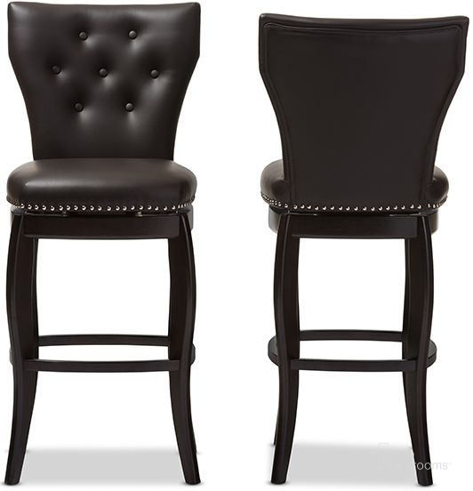 The appearance of Baxton Studio Leonice Modern and Contemporary Dark Brown Faux Leather Upholstered Button-tufted 29-Inch 2-Piece Swivel Bar Stool Set designed by Baxton Studio in the modern / contemporary interior design. This dark brown piece of furniture  was selected by 1StopBedrooms from Leonice Collection to add a touch of cosiness and style into your home. Sku: BBT5222-Brown. Material: MDF. Product Type: Barstool. Image1