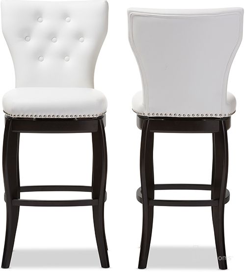 The appearance of Baxton Studio Leonice Modern and Contemporary White Faux Leather Upholstered Button-tufted 29-Inch 2-Piece Swivel Bar Stool Set designed by Baxton Studio in the modern / contemporary interior design. This white piece of furniture  was selected by 1StopBedrooms from Leonice Collection to add a touch of cosiness and style into your home. Sku: BBT5222-White. Material: MDF. Product Type: Barstool. Image1