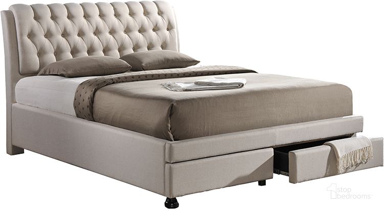The appearance of Baxton Studio Ainge Contemporary Button-Tufted Light Beige Fabric Upholstered Storage King-Size Bed With 2-Drawer designed by Baxton Studio in the modern / contemporary interior design. This light beige piece of furniture  was selected by 1StopBedrooms from Ainge Collection to add a touch of cosiness and style into your home. Sku: BBT6423-Light Beige-King. Bed Type: Storage Bed. Product Type: Storage Bed. Bed Size: King. Material: MDF. Image1