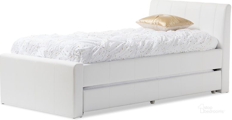 The appearance of Baxton Studio Cosmo Modern And Contemporary White Faux Leather Twin Size Trundle Bed designed by Baxton Studio in the modern / contemporary interior design. This white piece of furniture  was selected by 1StopBedrooms from Cosmo Collection to add a touch of cosiness and style into your home. Sku: BBT6469-Twin-White. Bed Type: Panel Bed. Product Type: Panel Bed. Bed Size: Twin. Material: MDF. Image1