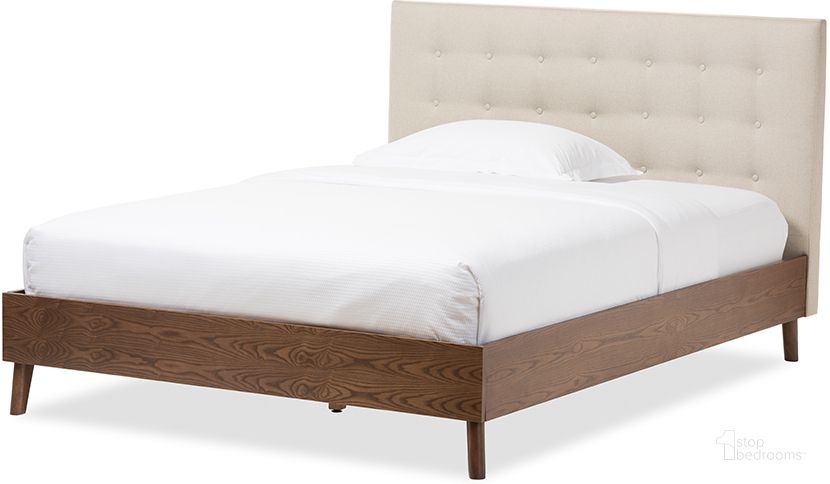 The appearance of Baxton Studio Alinia Mid-Century Retro Modern Light Beige Fabric Upholstered Walnut Wood Queen Size Platform Bed designed by Baxton Studio in the modern / contemporary interior design. This light beige piece of furniture  was selected by 1StopBedrooms from Alinia Collection to add a touch of cosiness and style into your home. Sku: BBT6557-Queen-Light Beige. Bed Type: Platform Bed. Material: Fabric. Product Type: Platform Bed. Bed Size: Queen. Image1