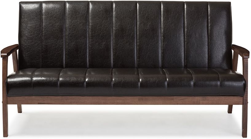 The appearance of Baxton Studio Nikko Mid-Century Modern Scandinavian Style Dark Brown Faux Leather Wooden 3-Seater Sofa designed by Baxton Studio in the modern / contemporary interior design. This dark brown piece of furniture  was selected by 1StopBedrooms from Nikko Collection to add a touch of cosiness and style into your home. Sku: BBT8011A2-Brown Sofa. Material: Leather. Product Type: Leather Sofa. Image1