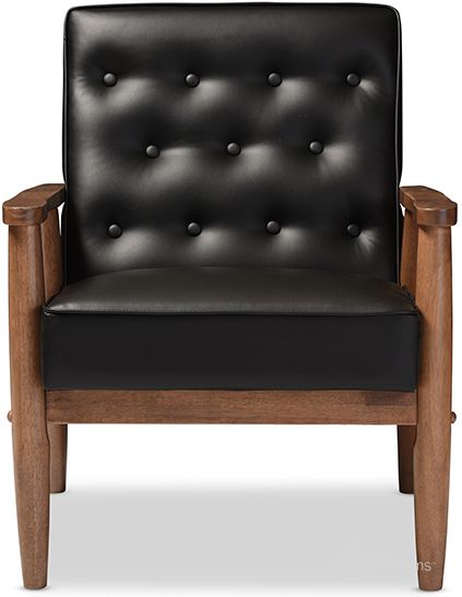 The appearance of Baxton Studio Sorrento Mid-Century Retro Modern Black Faux Leather Upholstered Wooden Lounge Chair designed by Baxton Studio in the transitional interior design. This black piece of furniture  was selected by 1StopBedrooms from Sorrento Collection to add a touch of cosiness and style into your home. Sku: BBT8013-Black Chair. Material: MDF. Product Type: Lounge Chair. Image1
