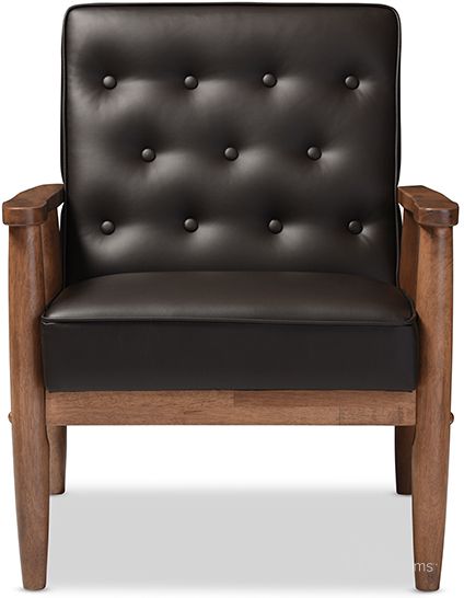 The appearance of Baxton Studio Sorrento Mid-Century Retro Modern Brown Faux Leather Upholstered Wooden Lounge Chair designed by Baxton Studio in the transitional interior design. This dark brown piece of furniture  was selected by 1StopBedrooms from Sorrento Collection to add a touch of cosiness and style into your home. Sku: BBT8013-Brown Chair. Material: MDF. Product Type: Lounge Chair. Image1