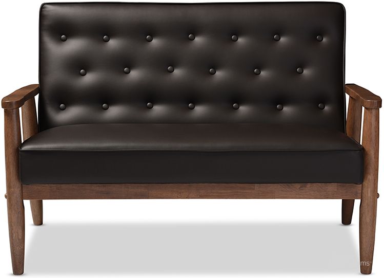 The appearance of Baxton Studio Sorrento Mid-Century Retro Modern Brown Faux Leather Upholstered Wooden 2-Seater Loveseat designed by Baxton Studio in the transitional interior design. This dark brown piece of furniture  was selected by 1StopBedrooms from Sorrento Collection to add a touch of cosiness and style into your home. Sku: BBT8013-Brown Loveseat. Product Type: Loveseat. Material: MDF. Image1