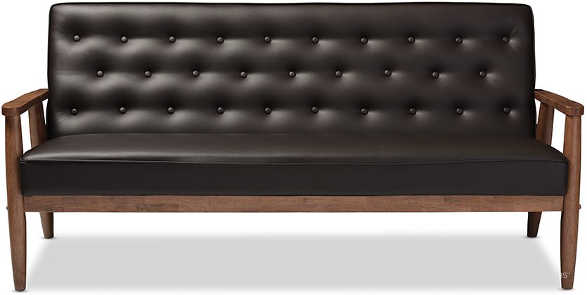 The appearance of Baxton Studio Sorrento Mid-Century Retro Modern Brown Faux Leather Upholstered Wooden 3-Seater Sofa designed by Baxton Studio in the transitional interior design. This dark brown piece of furniture  was selected by 1StopBedrooms from Sorrento Collection to add a touch of cosiness and style into your home. Sku: BBT8013-Brown Sofa. Material: Leather. Product Type: Leather Sofa. Image1
