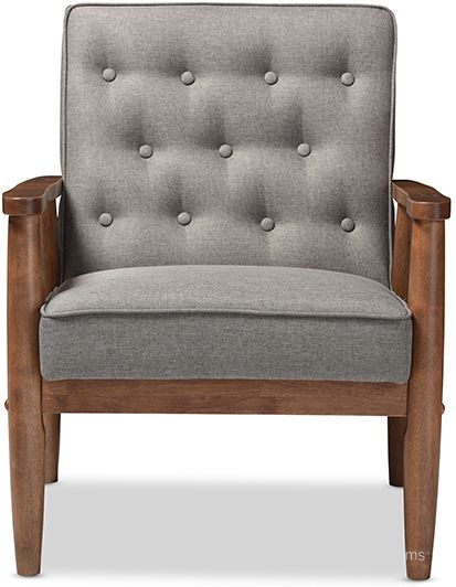 The appearance of Baxton Studio Sorrento Mid-Century Retro Modern Grey Fabric Upholstered Wooden Lounge Chair designed by Baxton Studio in the transitional interior design. This grey piece of furniture  was selected by 1StopBedrooms from Sorrento Collection to add a touch of cosiness and style into your home. Sku: BBT8013-Grey Chair. Material: Fabric. Product Type: Lounge Chair. Image1