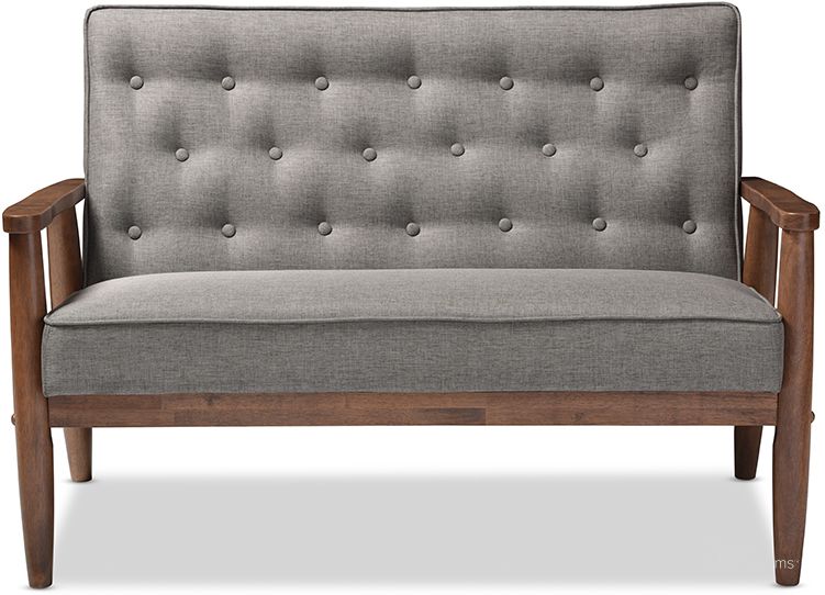 The appearance of Baxton Studio Sorrento Mid-Century Retro Modern Grey Fabric Upholstered Wooden 2-Seater Loveseat designed by Baxton Studio in the transitional interior design. This grey piece of furniture  was selected by 1StopBedrooms from Sorrento Collection to add a touch of cosiness and style into your home. Sku: BBT8013-Grey Loveseat. Material: Fabric. Product Type: Loveseat. Image1