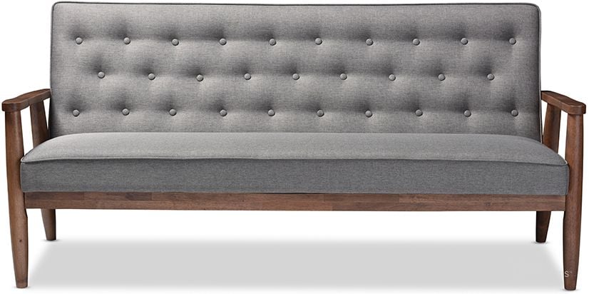 The appearance of Baxton Studio Sorrento Mid-Century Retro Modern Grey Fabric Upholstered Wooden 3-Seater Sofa designed by Baxton Studio in the transitional interior design. This grey piece of furniture  was selected by 1StopBedrooms from Sorrento Collection to add a touch of cosiness and style into your home. Sku: BBT8013-Grey Sofa. Material: Fabric. Product Type: Sofa. Image1