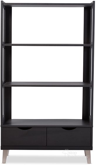 The appearance of Baxton Studio Kalien Modern And Contemporary Dark Brown Wood Leaning Bookcase With Display Shelves And Two Drawers designed by Baxton Studio in the modern / contemporary interior design. This dark brown piece of furniture  was selected by 1StopBedrooms from Kalien Collection to add a touch of cosiness and style into your home. Sku: BC-002-Espresso. Material: Wood. Product Type: Bookcase. Image1