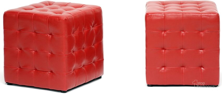 The appearance of Baxton Studio Siskal Red Modern Cube Ottoman (Set Of 2) designed by Baxton Studio in the transitional interior design. This red piece of furniture  was selected by 1StopBedrooms from Siskal Collection to add a touch of cosiness and style into your home. Sku: BH-5589-RED-OTTO. Material: Wood. Product Type: Ottoman. Image1
